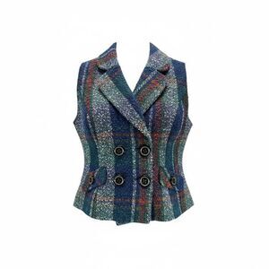 Cabi Tweed Plaid Vest M Blue Green Wool Blend Double Breasted Preppy Academic